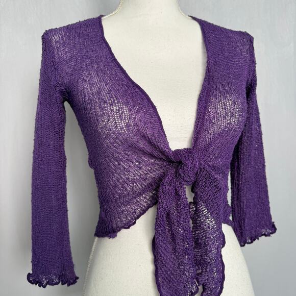 Oceania Purple Open Knit Tie Front Cardigan, Size S-L - Picture 2 of 7